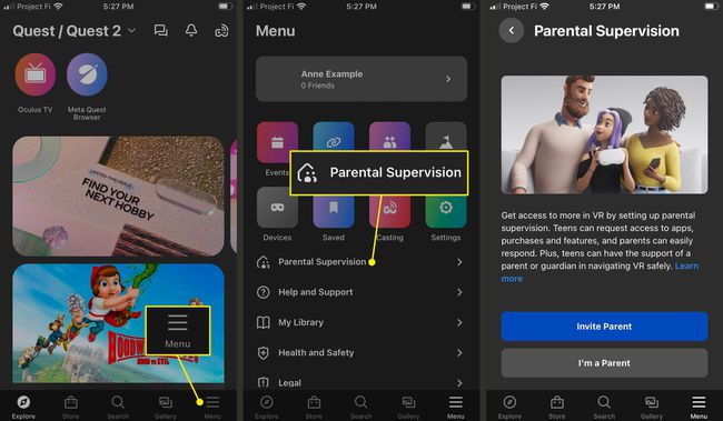 Menu, Parental Supervision, and Invite Parent highlighted in the Oculus app.