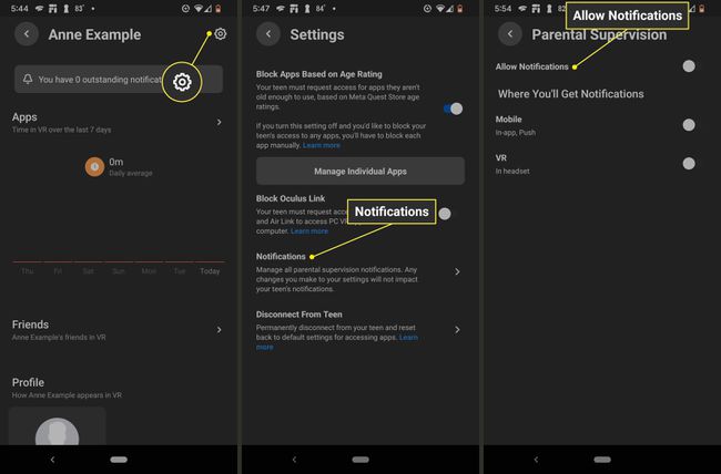 Gear icon, Notifications, and Allow Notifications highlighted in Oculus parental supervision settings.