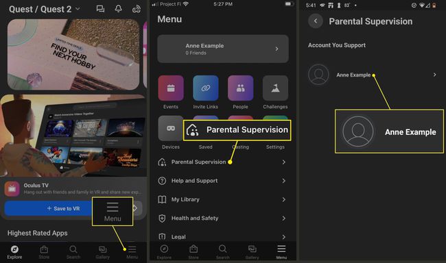 Menu, Parental Supervision, and teen's account highlighted in Oculus parental supervision.