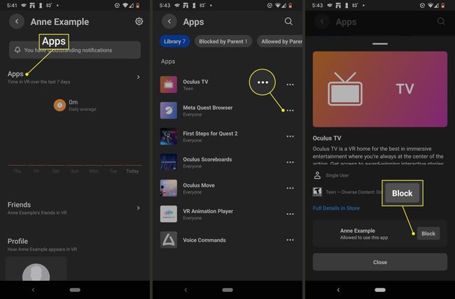 Apps, three dots, and Block highlighted in Oculus parental controls.