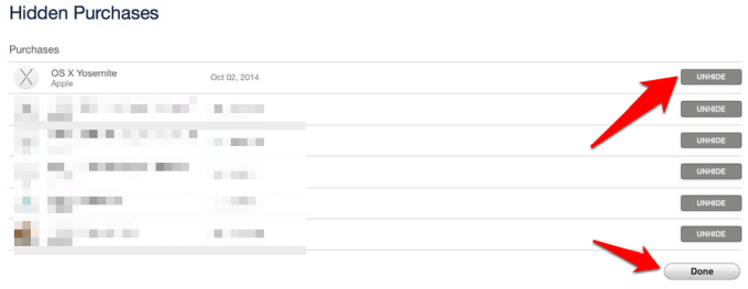 Unhide and Done buttons in Hidden Purchases 