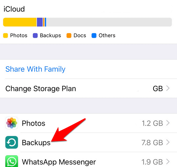 Backups menu option i iCloud