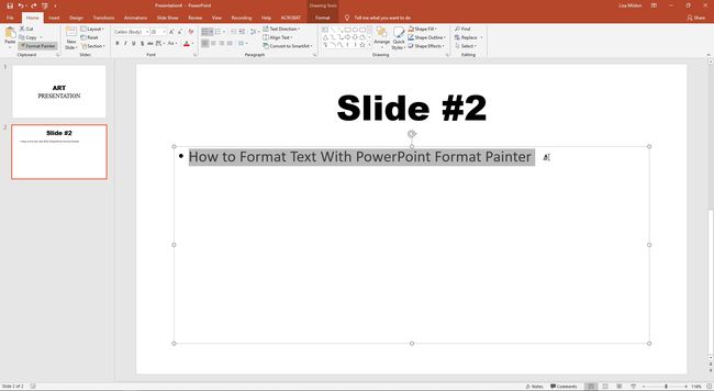 PowerPoint displaying the format painter applying to a second text field.