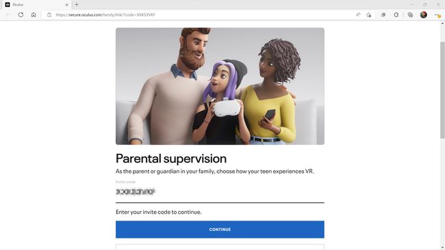 CONTINUE highlighted in Oculus parental control setup.