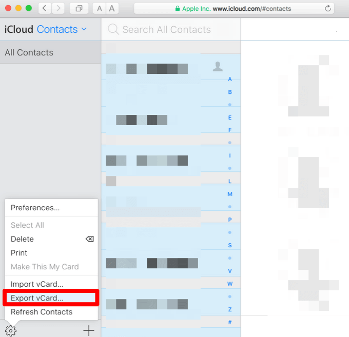 Export vCard option selected 