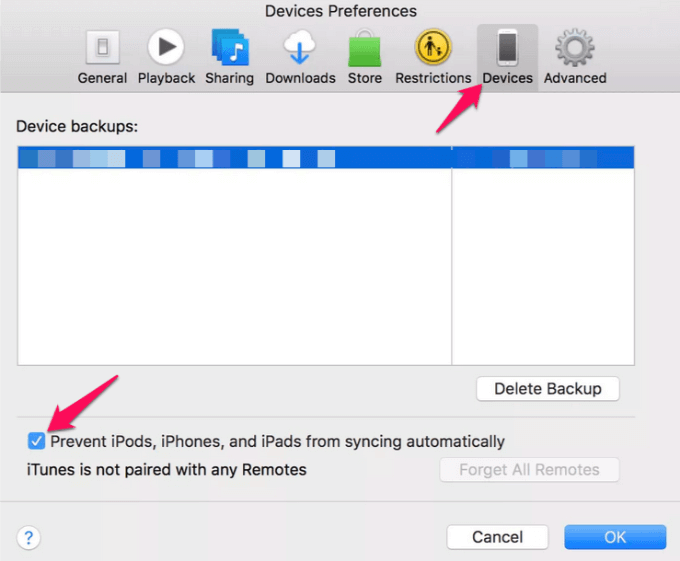 Prevent iPods and iPhones from syncing automatically box in Devices