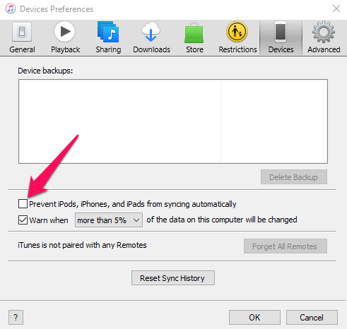Prevent iPods, iPhones, and iPads from syncing automatically checkbox in iTunes